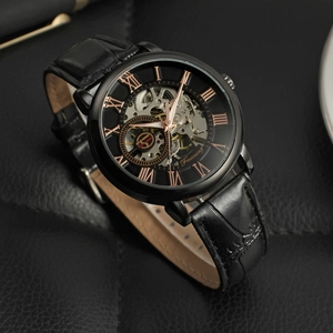Close-up of Forsining men's black skeleton mechanical watch with rose gold Roman numerals