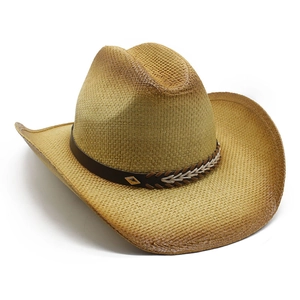 Handwoven western straw jazz hat with brown gradient finish and leather band decoration
