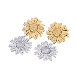 Minimalist sunflower earrings in 18k gold and silver finish on a clean white background
