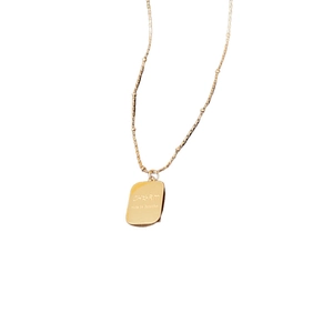 Gold titanium steel square pendant necklace with minimalist engraving on fine link chain