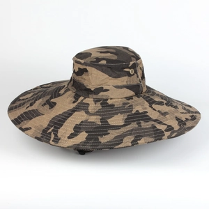 Chapeau de brousse camouflage outdoor à large bord avec imprimé jungle et jugulaire