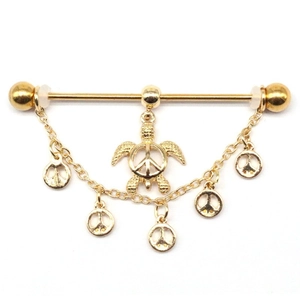 Golden sea turtle and peace sign cartilage chain earring with industrial piercing bar