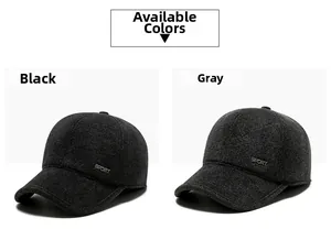 Detail view of winter wool baseball caps in black and grey with sport embroidery