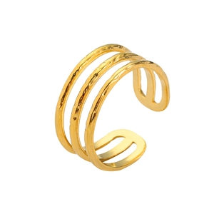 Close-up of golden stainless steel triple-layered ring with hammered texture and open band