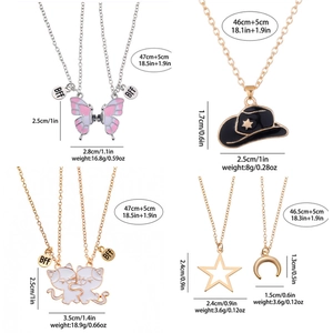 Star Moon Butterfly and Best Friend Cat BFF Necklace Set with Dimensions