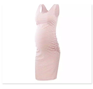 Detail of pink and white striped maternity dress with side ruching and round neck