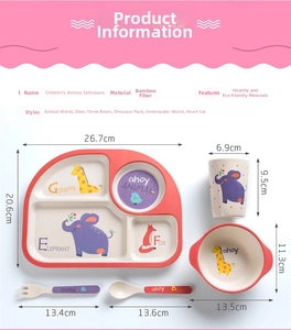 Bamboo fiber kids tableware set size chart with plate, bowl, cup, spoon, and fork dimensions
