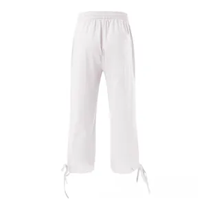 Detail view of cotton linen wide leg pants with drawstring hem and back pocket