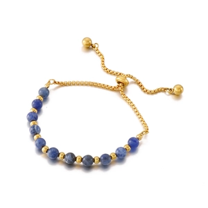 Adjustable titanium steel bracelet with blue natural turquoise beads and gold beads