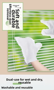 Detail of white textured cleaning glove dusting window blinds for wet and dry home use
