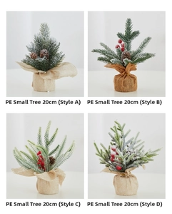 Detailed comparison of four 20cm PE mini Christmas trees with snow and pinecones