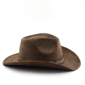 Close-up of retro dark brown suede cowboy hat with decorative woven leather band