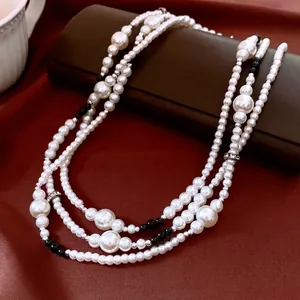 Collier Long Multicouches Vintage Français Künstliche Perles De Verre Imitation Alliage Strass Élégant Noir Blanc Chaîne De Pull Femme