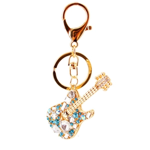 Creative gold guitar keychain featuring sparkling blue and clear rhinestones for women