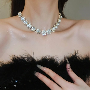 Close-up of sparkling silver choker necklace with large round crystals on model's neck