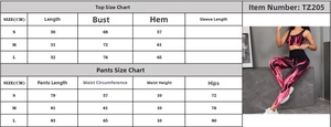 Detailed size chart for seamless gradient flame print yoga bra and leggings set