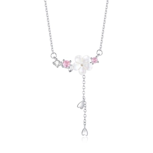 S925 silver necklace with shell flower pendant and pink gemstones on white background