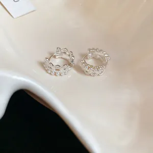 French vintage silver crown hoop earrings with lace hollow design and white pearls