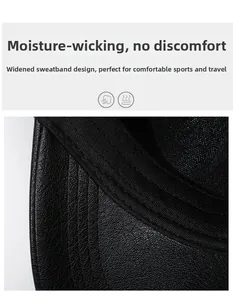 Detail view of the wide sweatband design inside a men's black PU leather baseball cap