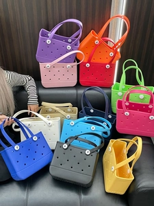 Detailed collection of colorful waterproof EVA beach tote bags with classic hole design