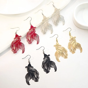 Vintage Chinese Style Hollow Goldfish Dangle Earrings Metal Koi Fish Jewelry With Stainless Steel Earring Post For Women