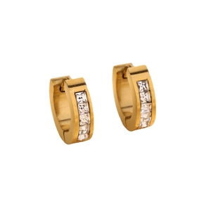 Golden titanium steel huggie earrings with channel-set square sparkling zircons