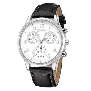 Detail view of silver alloy men's watch with white dial and black faux leather strap