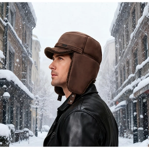 Close-up of brown leather trapper hat with thick faux fur lining and ear flaps