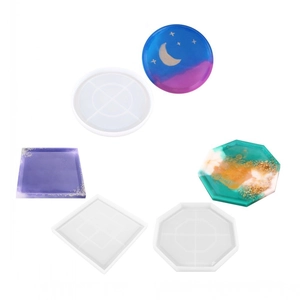 Detail showing hexagonal, round, and square silicone molds with resin coaster samples
