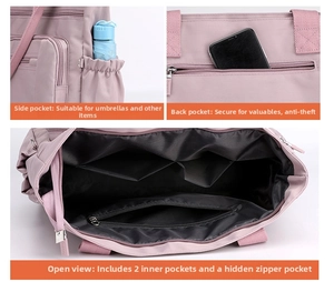 Vue détaillée du grand sac cabas mauve avec poches latérales et fermeture antivol