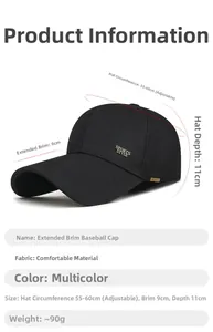 Detail view of adjustable baseball cap with 9cm extended brim and metal sports tag