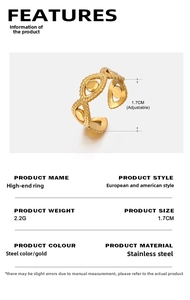 Detail view of 18K gold plated stainless steel eye-shaped hollow chain ring with dimensions