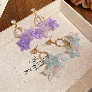 Floral zircon drop earrings in purple and blue-pink gradient with crystals