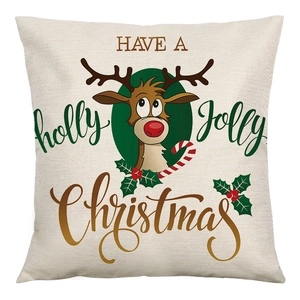 Linen Christmas pillow cover with reindeer design and Holly Jolly Christmas text