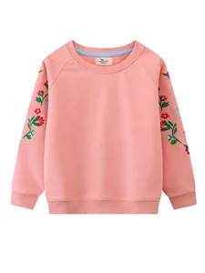 Pink toddler pullover sweatshirt with floral embroidery on sleeves and ribbed crew neck