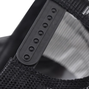 Detail of adjustable snapback closure and breathable black mesh on the trucker hat