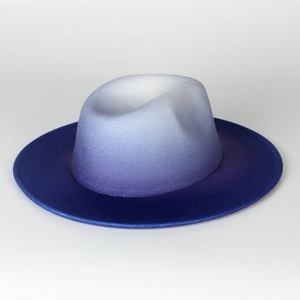 Classic blue and white gradient tie-dye soft felt fedora hat with large flat brim
