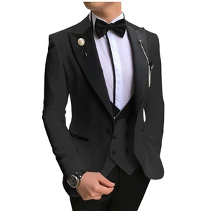 Three-piece black business suit for men including jacket, vest, and white shirt with bowtie