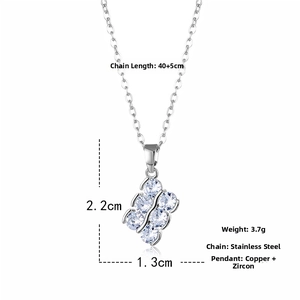 Detail of silver necklace with double-row cubic zirconia pendant and size measurements