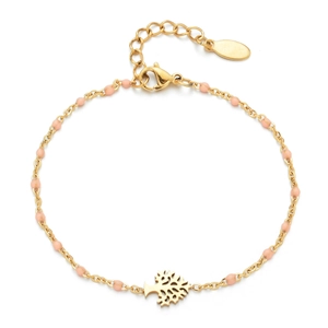 Detail of adjustable 18k gold plated tree of life bracelet with light pink enamel beads