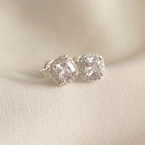 Classic 925 sterling silver square halo stud earrings with sparkling cubic zirconia stones