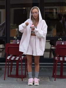 Sweat à Capuche Zippé Oversize Femme Pur Coton Broderie Lettres Manches Longues Streetwear Décontracté Rose