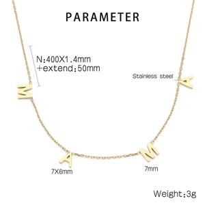Detailed size specifications for the gold MAMA letter necklace in stainless steel