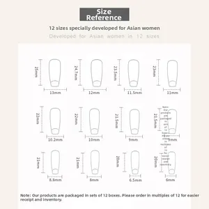 Tabella taglie dettagliata per unghie finte con 12 diverse dimensioni di punte per balletto