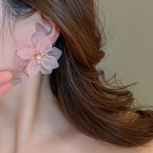 Detailed view of pink flower earrings with frosted resin petals and imitation pearls