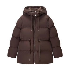 Women Hooded Puffer Jacket Brown Windproof Quilted Padded Coat Drawstring Waist Mid Length Casual Warm Outerwear