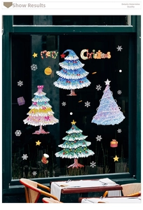 Détail de stickers sapin de Noël style peinture à l'huile sur une fenêtre en verre sombre