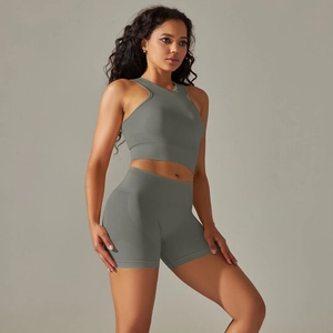 Detail of seamless knitted sports set showing breathable texture and high waist fit