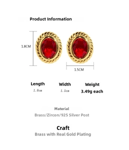 Detailed specs of vintage red zircon earrings with 1.8x1.5cm dimensions and silver pins