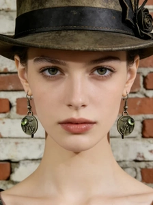 Detalle de pendientes vintage de bronce con diseño floral y gema verde oliva
